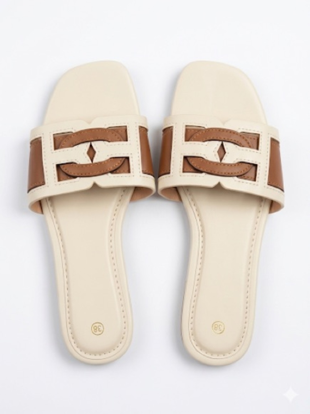 Cream and Brown Slide Sandals with Cutout Detail